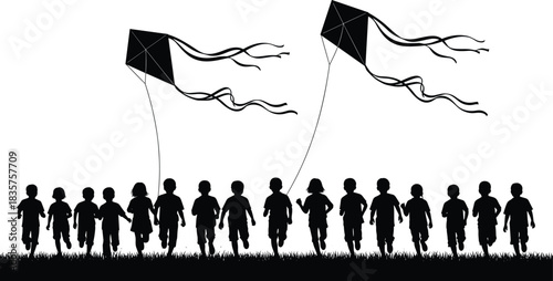 Silhouette group of children running together flying kites outdoors representing playtime freedom, childhood joy, teamwork activity and happy outdoor recreational fun
