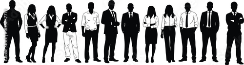 Silhouette group of diverse business professionals standing in confident poses representing teamwork leadership corporate workforce unity collaboration on white background