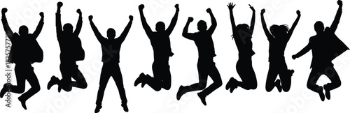 Silhouette group of people jumping in celebration showing excitement, teamwork energy, joyful success, freedom expression and dynamic victory moment on white background