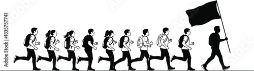Silhouette group of people running together behind leader carrying flag, teamwork motivation training crowd illustration for leadership and unity concepts