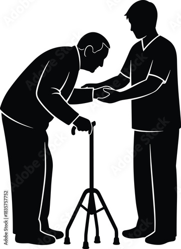 Silhouette of caregiver assisting elderly man with walking aid representing healthcare support, senior care, rehabilitation help and medical assistance on white background