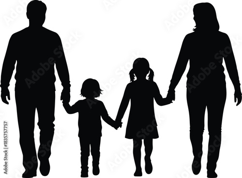 Silhouette of family walking together holding hands, parents with children, happy family concept illustration for parenting, unity, love and bonding themes