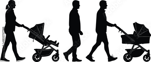 Silhouette parents walking with baby strollers representing family lifestyle, childcare, parenting duties, outdoor activity, modern parenthood and everyday family routine illustration