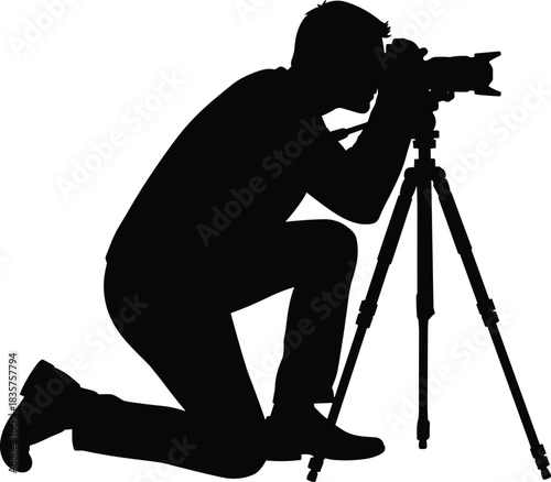 Silhouette photographer kneeling and taking picture with professional camera and tripod representing photography work, creative shooting, media production and visual art concept