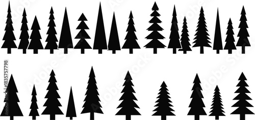 Silhouette pine trees collection with various conifer shapes, forest evergreen tree icons, black Christmas tree set for woodland landscape designs