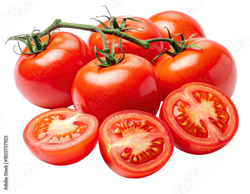 Group of red tomatoes on a vine, some whole and others sliced to reveal inner textures