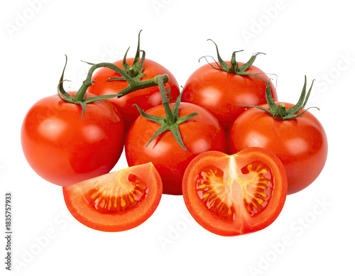 Several ripe, red tomatoes on a black background, with one sliced to show interior