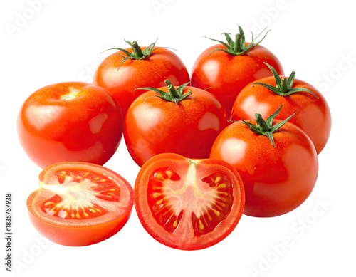 A cluster of fresh, ripe, red tomatoes with several whole and halved specimens