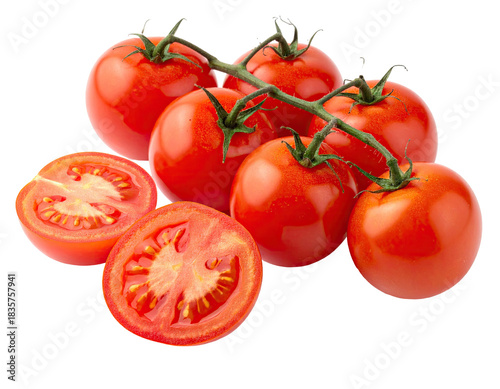 A cluster of ripe, red tomatoes on a vine, with two halved to reveal the internal structure