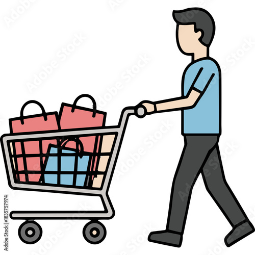 Man Pushing Shopping Cart Filled With Bags Full Of Groceries And Goods With A Light Blue Shirt And Dark Pants And A Black Handle Bar On A White Background