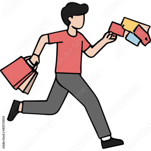 Man in Coral T Shirt and Grey Pants Running with Shopping Bags Full of Colorful Goods for Retail Purchases and Errands on a Black Background