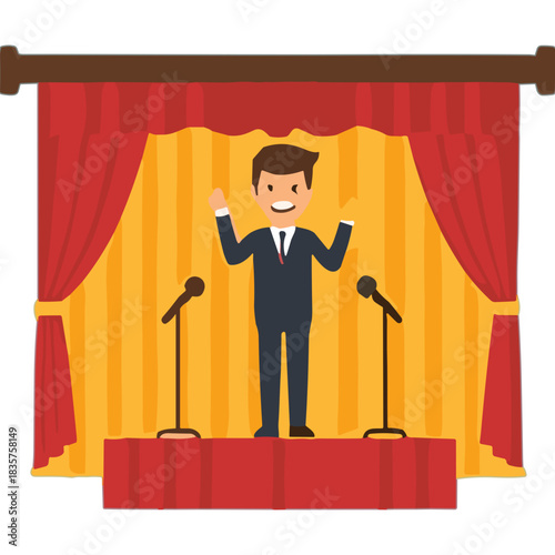 Man in Dark Suit with Red Tie Speaking at Podium on Stage with Red Curtains and Two Microphones in Front of Yellow Backdrop Dramatic Lighting