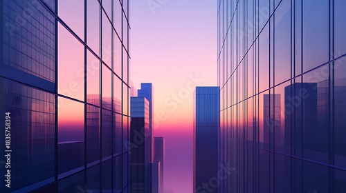 Modern Glass Skyscrapers Reflecting Vibrant Gradient Sky at Twilight