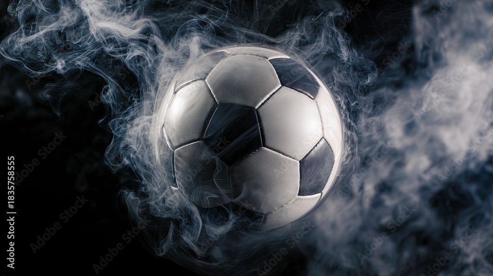 Naklejka premium Soccer ball spinning in smoke against dark background concept of frozen lake 