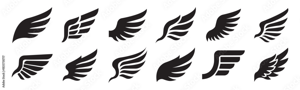 Obraz premium Set of black wing icons in solid style, various angel and bird wing shapes, minimal silhouette collection of flying wing symbols, decorative aviation fantasy elements