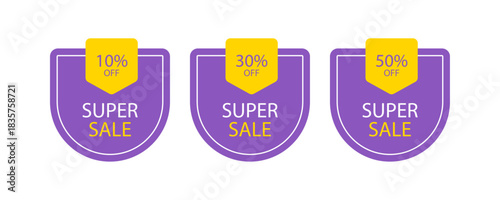 Three purple labels with big sale text
