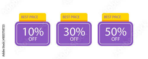 Three purple labels with big sale text