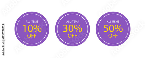 Three purple labels with big sale text