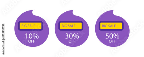 Three purple labels with big sale text