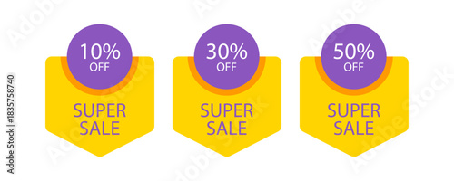 Three purple labels with big sale text