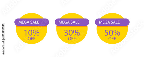 Three purple labels with big sale text