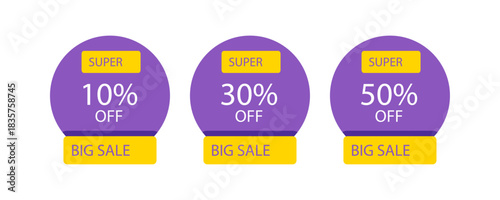 Three purple labels with big sale text