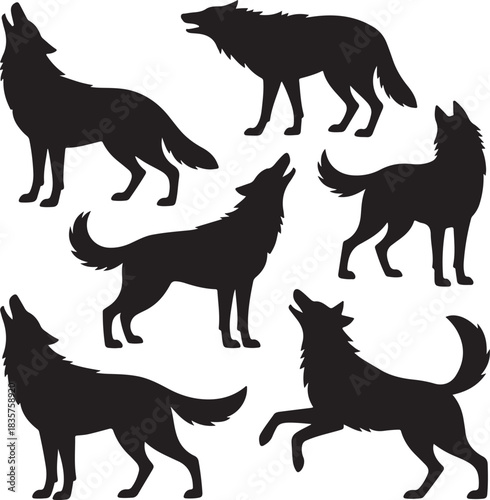 Howling wolf silhouettes collection of wild wolves in different poses isolated on white background for logo mascot and design use