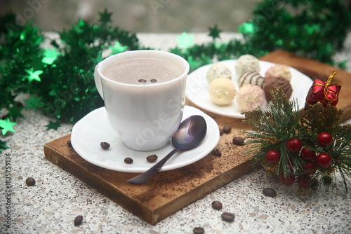 cup of coffee and christmas candy