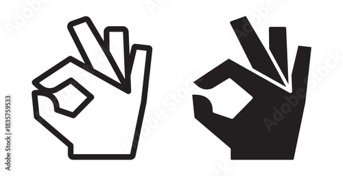 Minimalist OK hand gesture icon set featuring clean outline and solid filled styles, bold geometric finger shapes, expressive approval symbol and modern simplified forms designed for interfaces