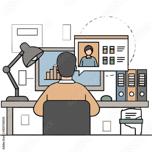 Man Sitting At Desk Working On Computer With Video Call Screen Showing Profile With Charts And Graphs On Monitor