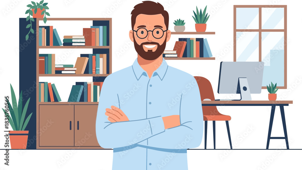 Naklejka premium Professional male with glasses standing confidently in a modern home office backdrop with bookshelves and a computer system for remote work or study