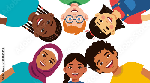 Vibrant diverse group of young children lying in a circle with heads together on a plain black background representing unity and friendship in a