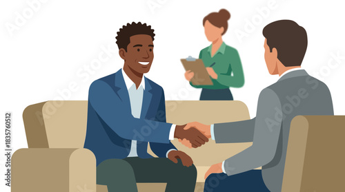 Professional business handshake in a modern office environment with diverse colleagues engaging in a formal agreement on a comfortable beige sofa