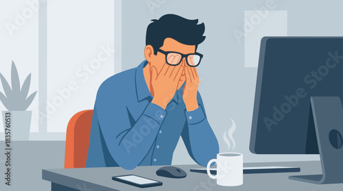 Anxiety and Stress Representation Featuring An Overwhelmed Man Sitting at a Desk with a Computer and a Coffee Mug Bitmap with a Minimalist Office