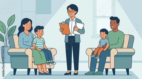 Family Counseling Session in a Bright Living Room with a Therapist Engaging with Children and Parents for Emotional Support and Guidance