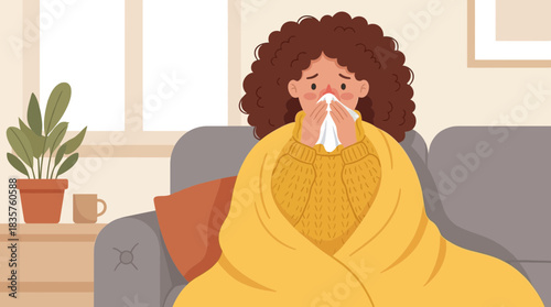 Comforting indoor scene depicting a person experiencing cold symptoms wrapped in a yellow blanket on a cozy sofa with a tissue in hand against a