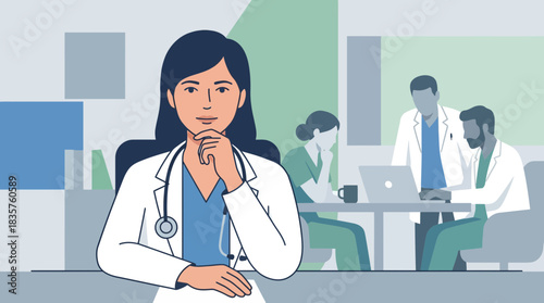 Medical professionals collaborating in a modern healthcare setting with a confident female doctor in the foreground and colleagues working together