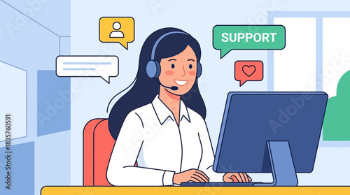 Customer support representative engaging in online communication with supportive demeanor on a digital workspace with a friendly interface and