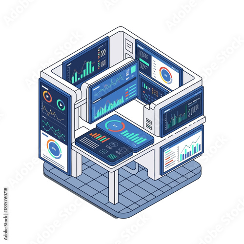 Isometric illustration of a modern data analysis workstation with multiple screens displaying charts and graphs.