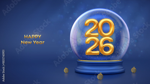 Happy New Year 2026. Golden metallic 2026 numbers inside snow globe decorated with shining snowflakes. Gold baubles. New Year background, Xmas holiday poster, banner, flyer. 3D Vector illustration.