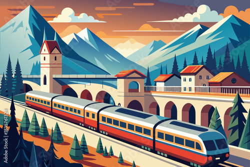 Train Travels Through Mountains and Villages at Sunset Hour