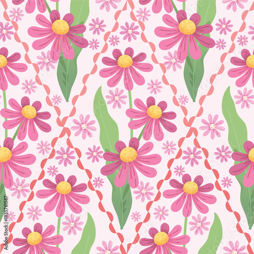 Flower block print seamless pattern illustration. arrangement with pink wildflower and small flower. Pink and green tone color illustration. Suitable for wrapping paper, wallpaper, prints.