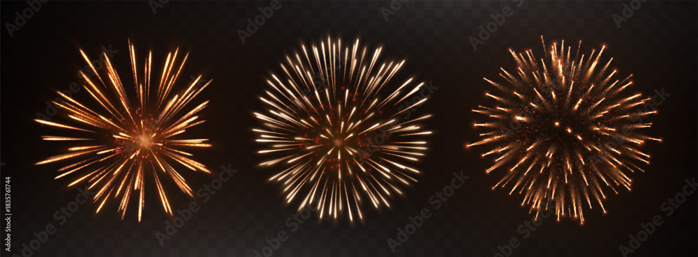 Obraz premium Fireworks set. Glittering firework bursts. Explosive pyrotechnic celebrations with sparkling effects. Bright firework explosions. Isolated graphic element set for festive design. Vector illustration.