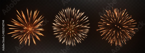 Fireworks set. Glittering firework bursts. Explosive pyrotechnic celebrations with sparkling effects. Bright firework explosions. Isolated graphic element set for festive design. Vector illustration.