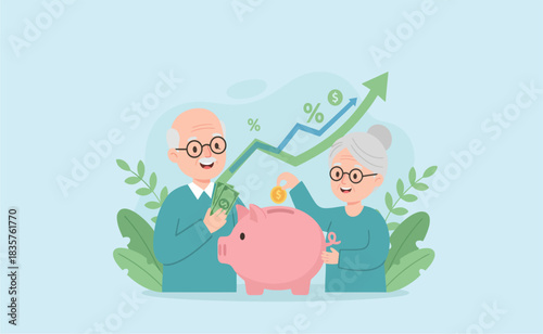 Senior couple saving money in piggy bank with growing chart in background, representing financial growth and retirement planning, hopeful and secure.