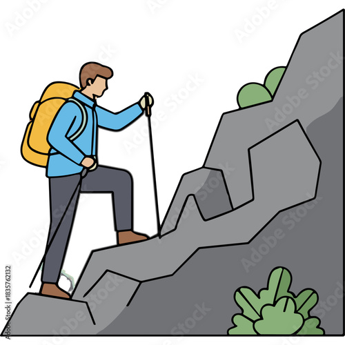 Man with Backpack and Trekking Poles Ascends Rocky Mountain Trail During Daytime Exploration Adventure