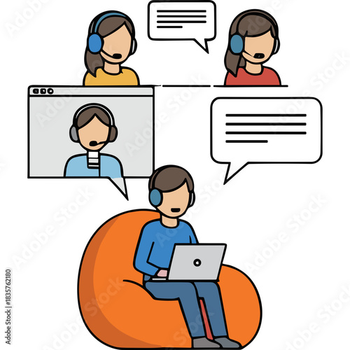 Man with Headphones and Laptop in Beanbag Chair Engages in Video Call with Two Colleagues Using Speech Bubbles and Computer Screen Interface for Remote Communication and Collaboration