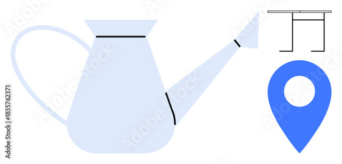 Gardening tools, navigation, furniture, minimalist design, location, home decor. Watering can with a map pin and table illustration. Gardening tools and navigation concept