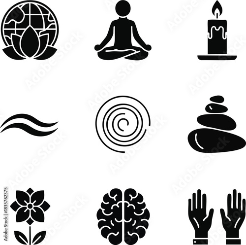 A collection of black silhouette icons representing wellness, spirituality, and mental health concepts