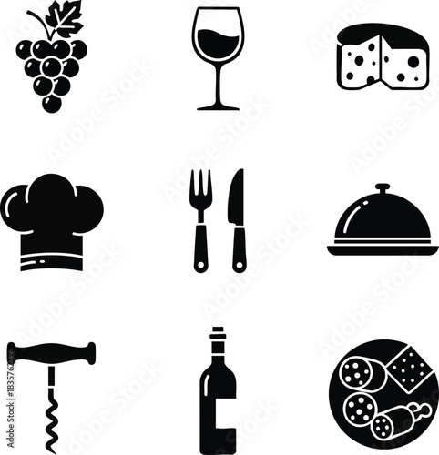 A collection of food and drink icons in a simple black and white style